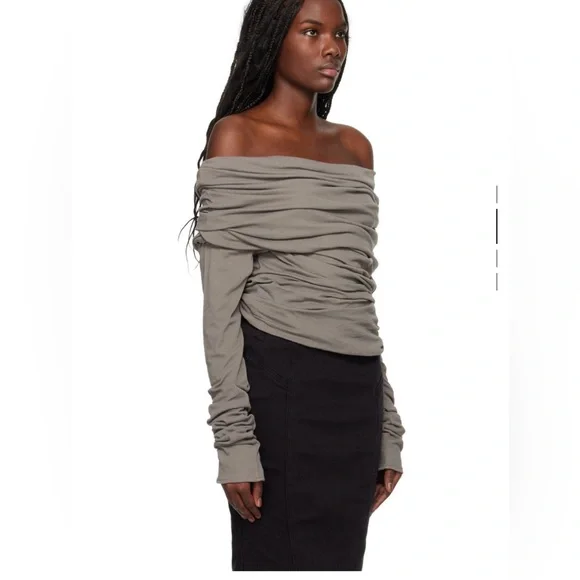 Entire Studios- Gray Taupe off-shoulders jersey ruched long top, NWT! ✨🔥 - Picture 2 of 6